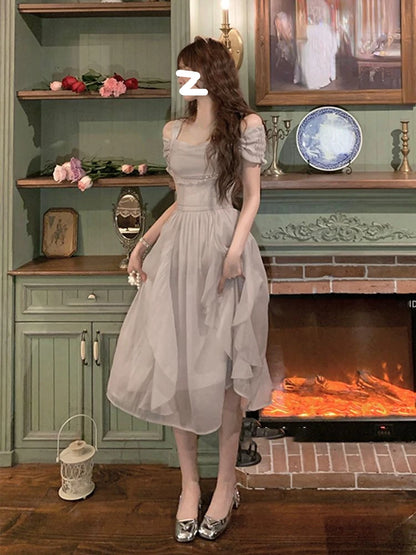 Korean Casual Midi Dress for Women 2026 New Summer Fashion Elegant Off The Shoulder Folds Ruffle Female Clothes Birthday Dress