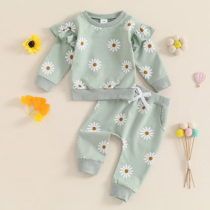2026 Lorrainian Toddler Girl Fall Outfit Daisy Print Long Sleeve Sweatshirt with Elastic Waist Pants 2 Pcs Set