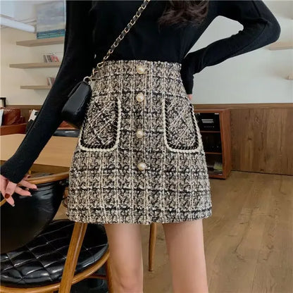 Tweed Skirts for Women Solid High Waist Slimming Skirts Autumn Spring 2026 Buttons Double Breasted Tweed Wool Mini Skirt