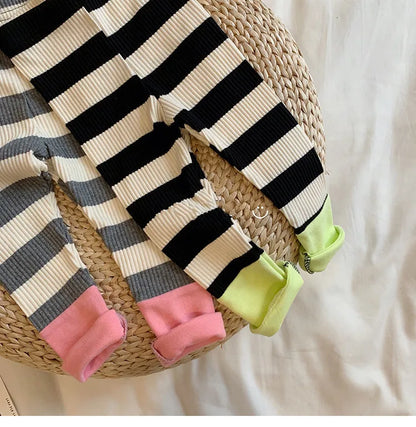 New Spring Autumn Girl Baby Fashion Striped Leggings Boy Infant Splicing Ribbed Casual Pants Newborn Cotton Trousers Kid Clothes