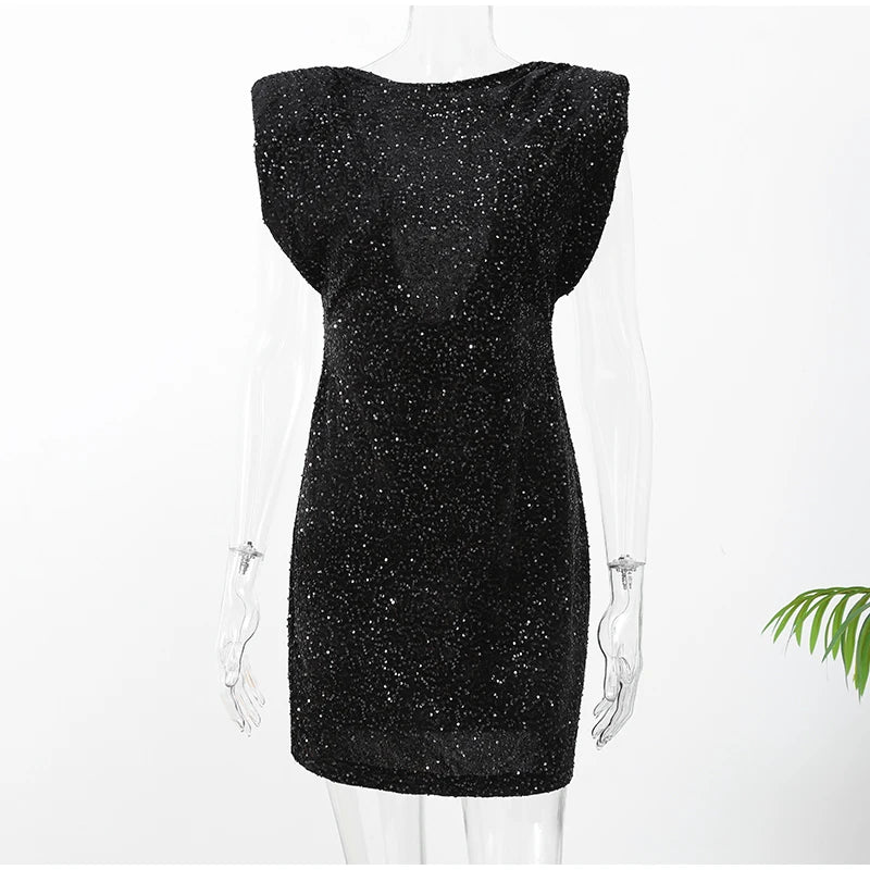 Elegant Woman Black Shiny Sleeveless Mini Dress Sexy Lace Up O Neck Slim Waist Short Dresses New Evening Party Vestidos 2025