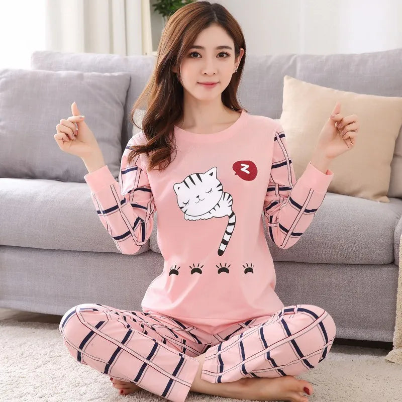 Autumn Thin 2pieces Pijamas Set Women 2026 Cartoon Round Neck Girls Pajamas Sets Honey Boof Full Sleepwear Clothes Sleep Tops