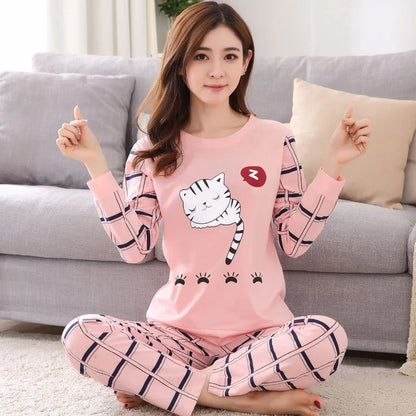 Autumn Thin 2pieces Pijamas Set Women 2026 Cartoon Round Neck Girls Pajamas Sets Honey Boof Full Sleepwear Clothes Sleep Tops