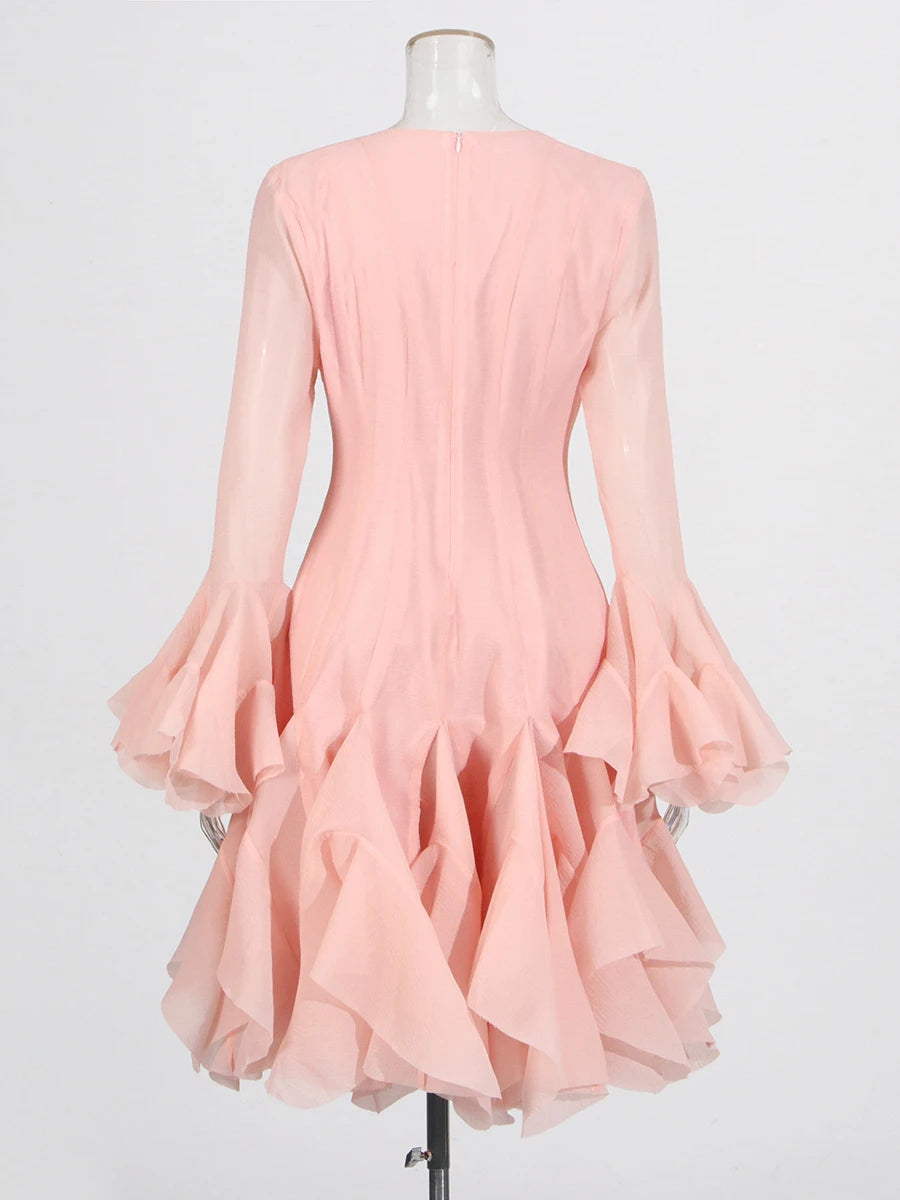 TWOTWINSTYLE Pink Patchwork Ruffle Dress For Women Round Neck Flare Sleeve High Wait Slim Elegant Midi 107CM Dress Female 2025