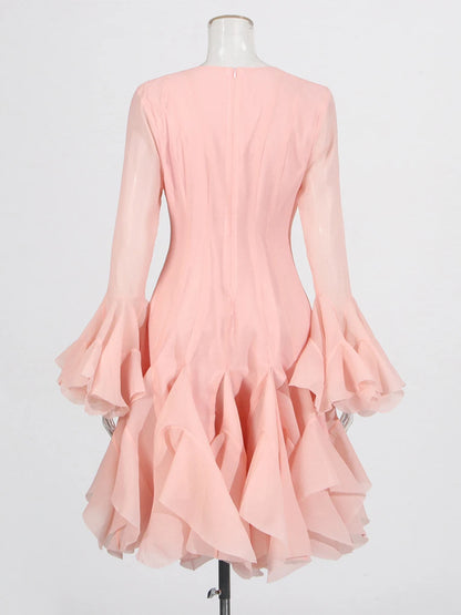 TWOTWINSTYLE Pink Patchwork Ruffle Dress For Women Round Neck Flare Sleeve High Wait Slim Elegant Midi 107CM Dress Female 2025