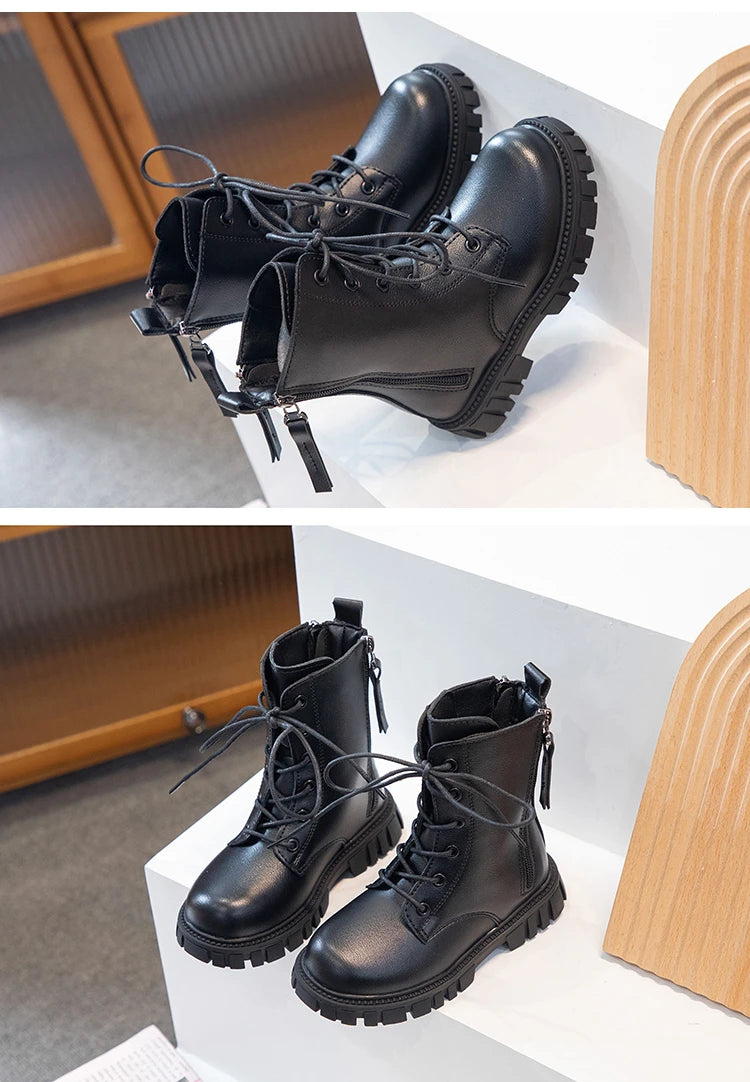 Girls Boots Simple Non-slip Back Zipper Summer Breathable Versatile Soft Autumn Winter Black Children Leather Boots 2025 New