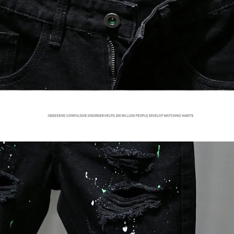 Fashion Summer New Casual Denim Jeans Knee Length Shorts for Men Black Cowboy Low Rise Ripped Holes Boyfriend Men's Denim Shorts