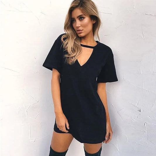 Summer Sexy Mini Black Dress 2026 V Neck Cut Out Loose Dress Women Elegant Short Sleeve Club Party Dress Solid Color Streetwear