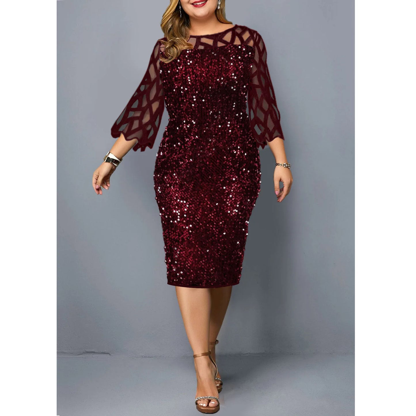 Elegant Sequin Plus Size 4XL 5XL Women Midi Dress Sexy Casual Evening Party Dress Gown Wedding Luxury Robe Rouge Vestidos