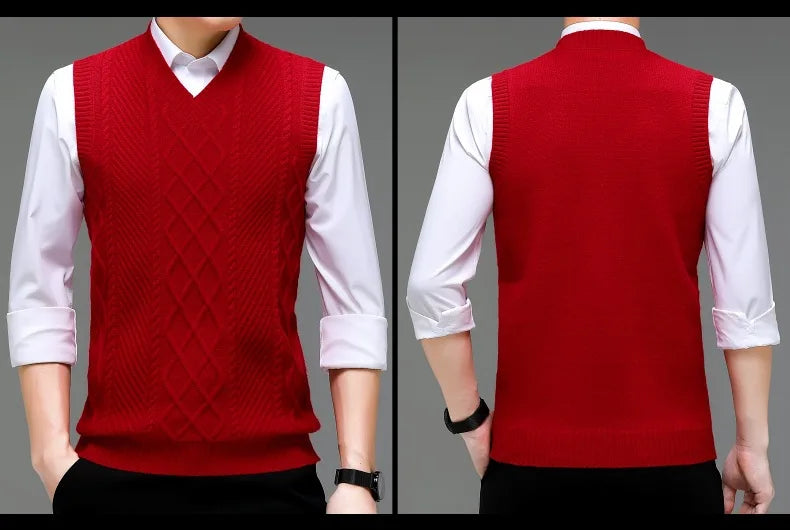 Stylish V-neck Jacquard Knit Sleeveless Sweater Vest for Men Middle-aged Men Fashion Solid Color Warm Top