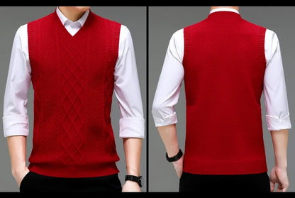Stylish V-neck Jacquard Knit Sleeveless Sweater Vest for Men Middle-aged Men Fashion Solid Color Warm Top