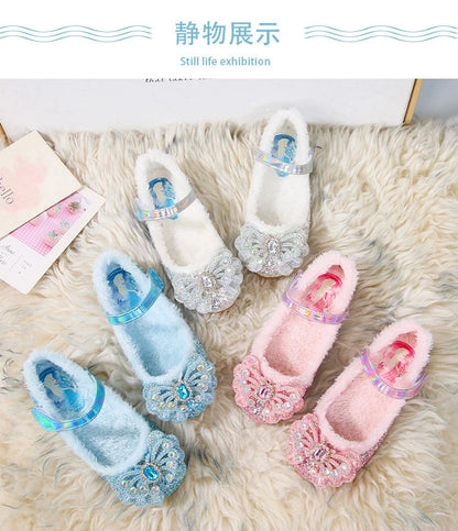 Disney Autumn Fashion Pearl Bow Rhinestone Frozen Elsa Princess Girl Shoes Flat Kids Princess Warm Winter Shoes Size 23-36