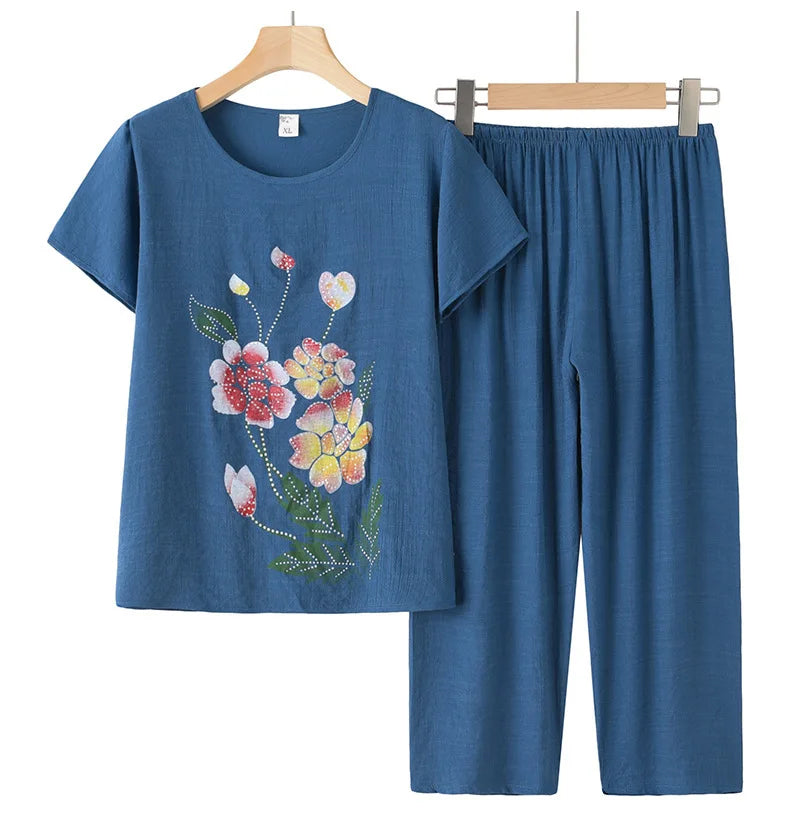 Summer Women Clothing Middle Aged Mother Short Sleeved Cotton Linen Sleepwear Set Printed Large Size Grandma Pajamas Suit 4XL