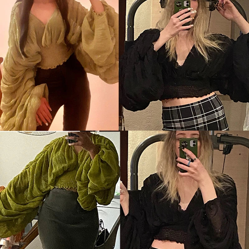 Women Sexy Chiffon Short Blouse Female See Through Super Long Sleeve Purple/Green/Black/White Folds Party Tops 2026 New