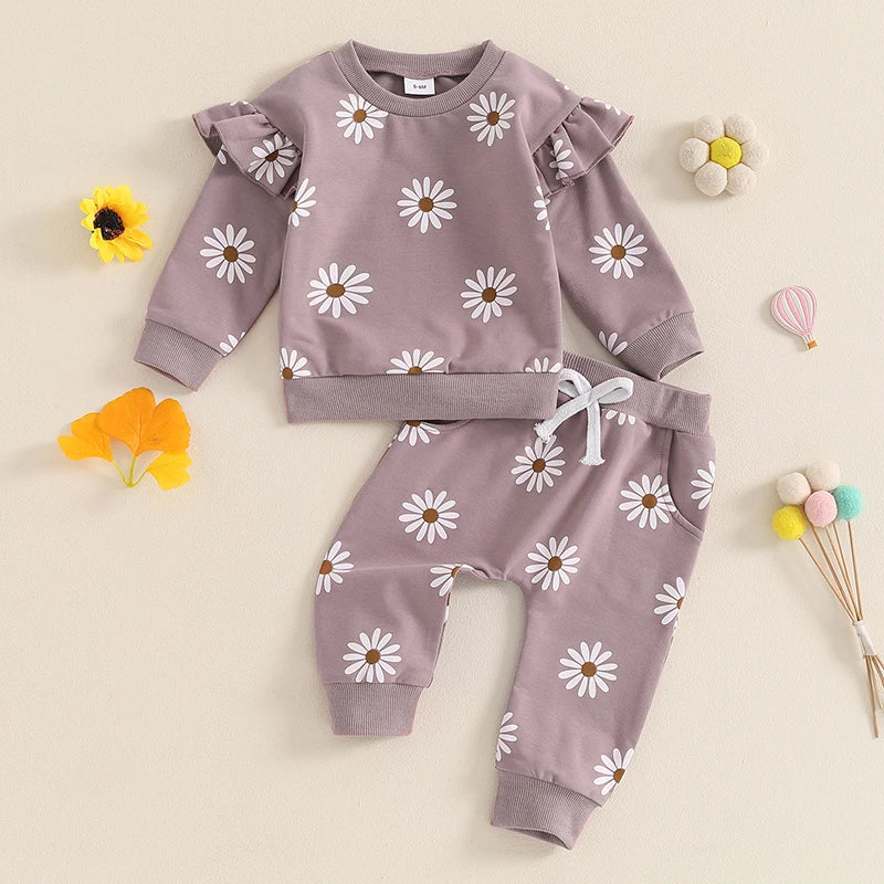 2026 Lorrainian Toddler Girl Fall Outfit Daisy Print Long Sleeve Sweatshirt with Elastic Waist Pants 2 Pcs Set