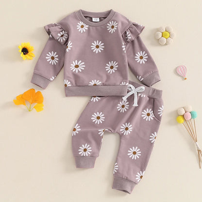 2026 Lorrainian Toddler Girl Fall Outfit Daisy Print Long Sleeve Sweatshirt with Elastic Waist Pants 2 Pcs Set