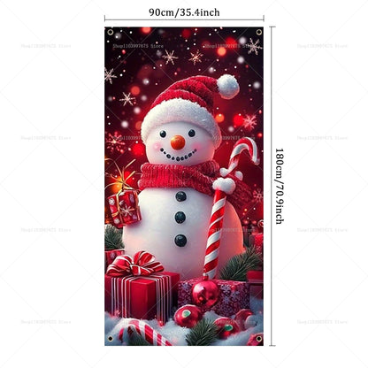 Christmas Decorations Door Cover Banner Cute Snowman Bear Gift Backdrop Xmas Party Indoor Outdoor Background Decor Supplies