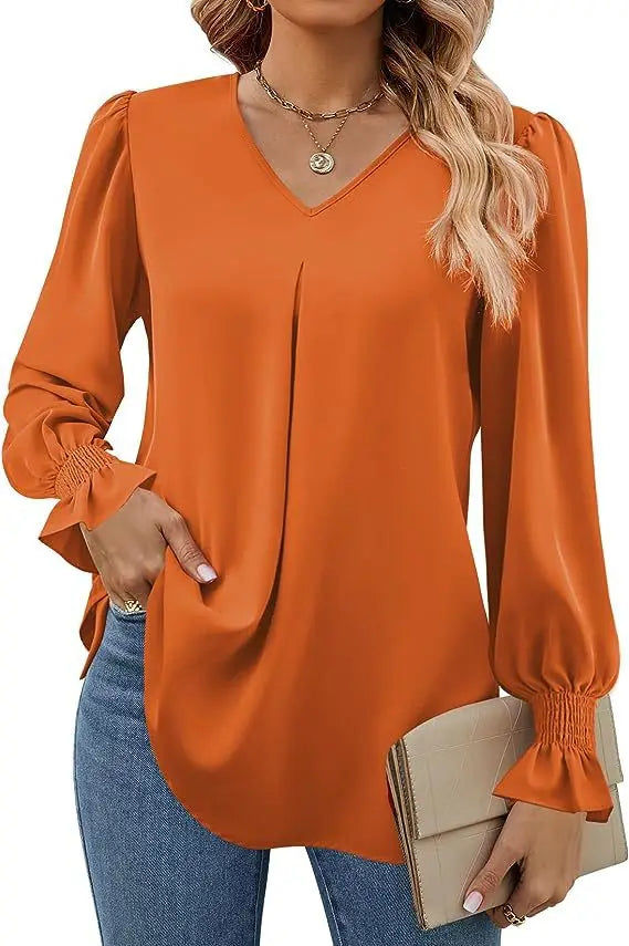 Women's New Solid Color Chiffon Shirt V-neck Pullover Flared Long Sleeved Top Shirt Office Lady Elegant Khaki Loose Blouse