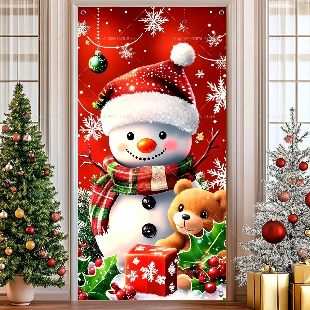 Christmas Decorations Door Cover Banner Cute Snowman Bear Gift Backdrop Xmas Party Indoor Outdoor Background Decor Supplies