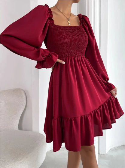 Women's Dress Simple Square Neck Solid Color Long Sleeve Dress Parallel Crepe Seam Body Bell Sleeves Ruffle Hem Dress Women