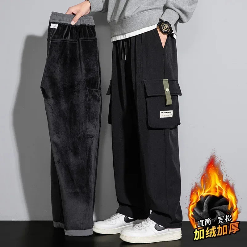 2025 Cargo Pants Men Straight Fit Wide Leg Fleece Lined Trouser Male Winter Fashion Loose Baggy Large Plus Size Warm Streetwear