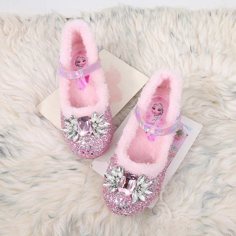 Disney Princess Crystal Girls Shoes Frozen Elsa Sophia Rhinestones Shoes Performance Party High Heels Pink Blue Shoes Size 23-36