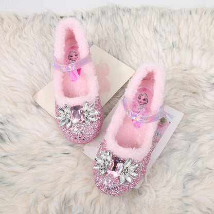Disney Princess Crystal Girls Shoes Frozen Elsa Sophia Rhinestones Shoes Performance Party High Heels Pink Blue Shoes Size 23-36