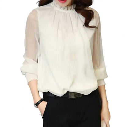 Perspective Net Mesh Sleeve Office Shirt Top Elastic Cuffs Women Shirt Elegant Ruffle Collar Blouse Solid Color Chiffon Shirt