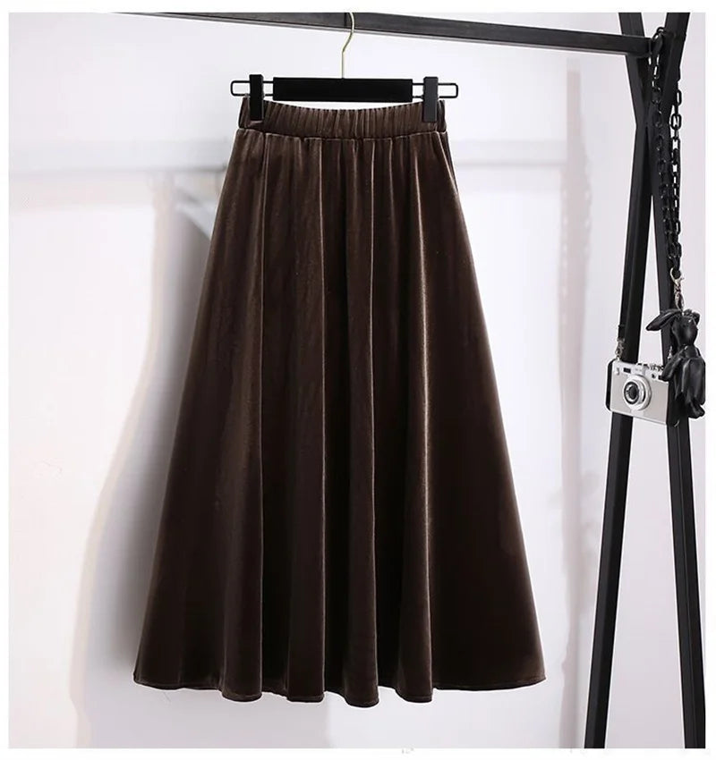 Women Large Size 4XL A-line Long Skirts Autumn Winter Ladies High Waist Skirt New Female Golden Velvet Maxi Skirt