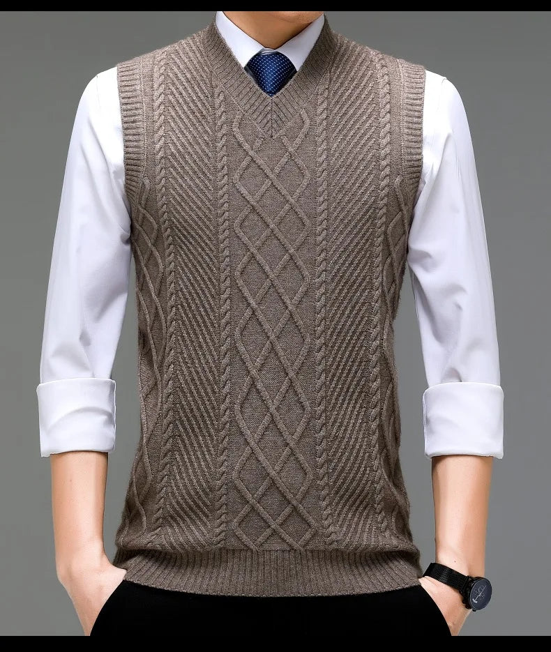 Stylish V-neck Jacquard Knit Sleeveless Sweater Vest for Men Middle-aged Men Fashion Solid Color Warm Top