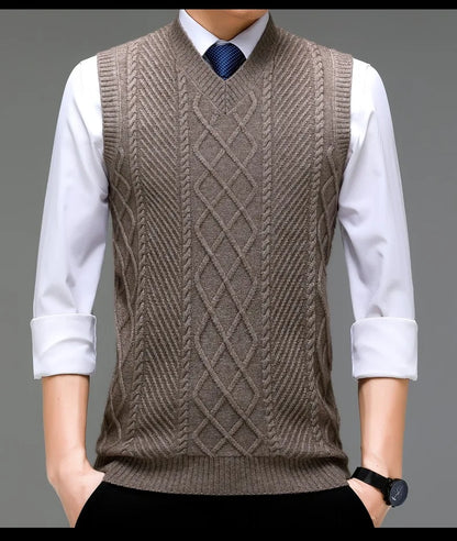 Stylish V-neck Jacquard Knit Sleeveless Sweater Vest for Men Middle-aged Men Fashion Solid Color Warm Top
