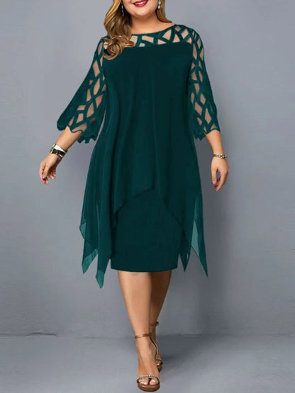 Sexy Women'S Clothing Evening Dresses Xxl O Neck Lace Sleeve Hollow Out Solid 2026 Elegant Midi Party Dress For Chubby Women