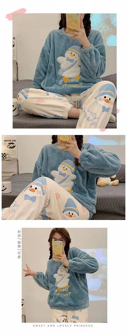 Women's Winter Pajamas Set Fleece Casual Solid Top Thick Warm Sleepwear and Plaid Pants Soft Pijamas Set for Women Home Suit