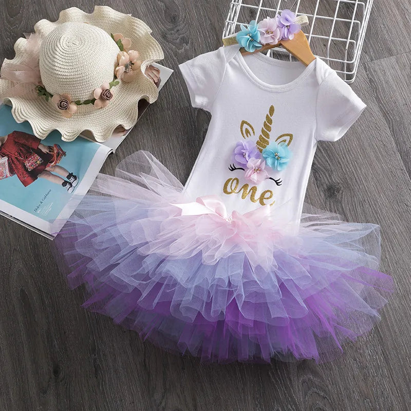 NewBorn Girls 1St Birthday Party Dress Princess 1 Year Old Ceremony Mesh Tutu Vestidos Infant Unicorn Christening Gowns