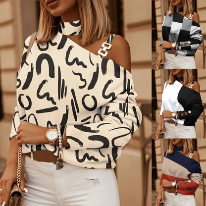 Sexy Off Shoulder Halter Neck Women Blouse Long Sleeve Fashion Print Casual Loose Tops 2026 Autumn Elegant Office Ladies Blouses
