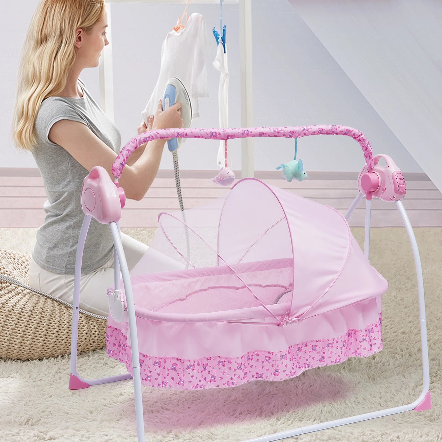 5 Gears Electric Auto-Swing Baby Crib Cradle Sleep Bed Infant Rocker + Net Music Bluetooth Music Adjustable+ Mat