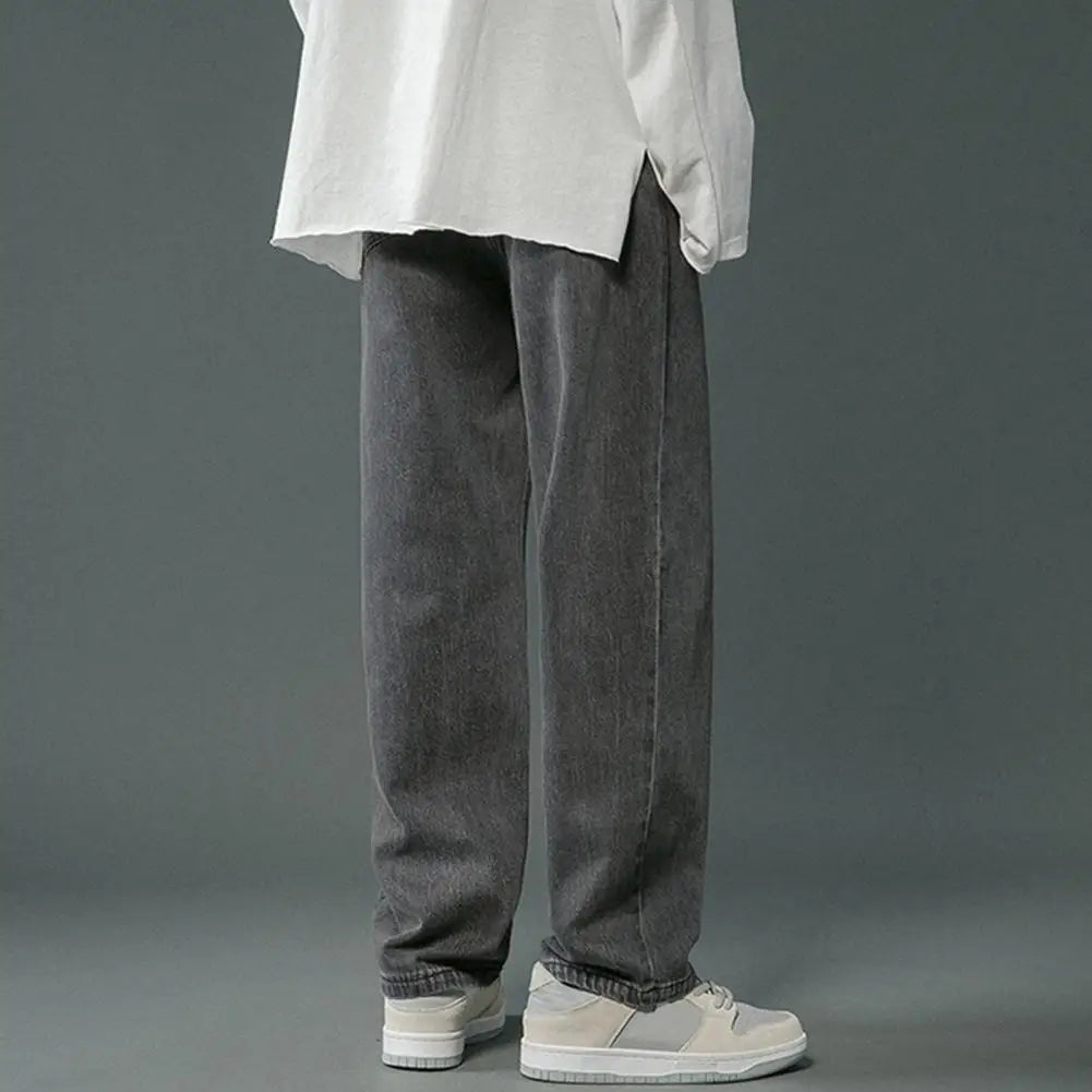 Straight-leg Men Jeans Men's Wide Leg Denim Pants Hip Hop Style Washed Jeans with Pockets Classic Straight Casual for Spring