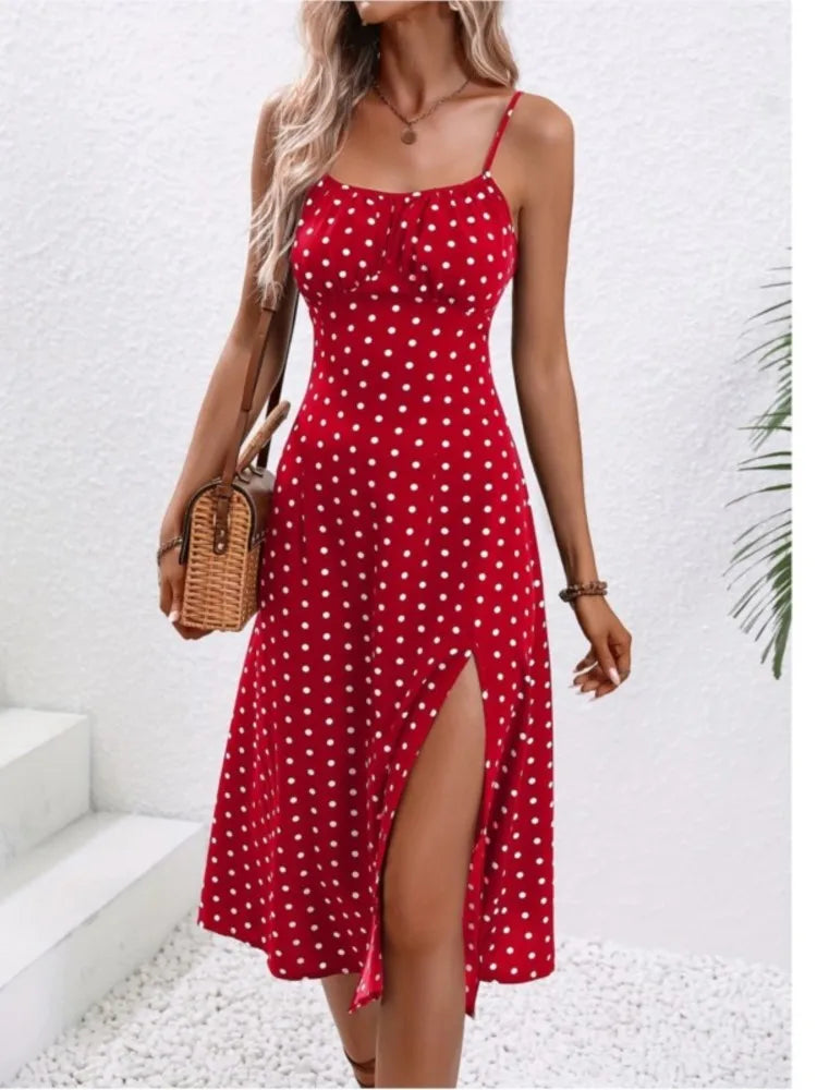 2026 Summer Sexy Spaghetti Straps Dress Women Fashion Polka Dot Print Sleeveless Slit Dress Boho Casual Beach Midi Dresses