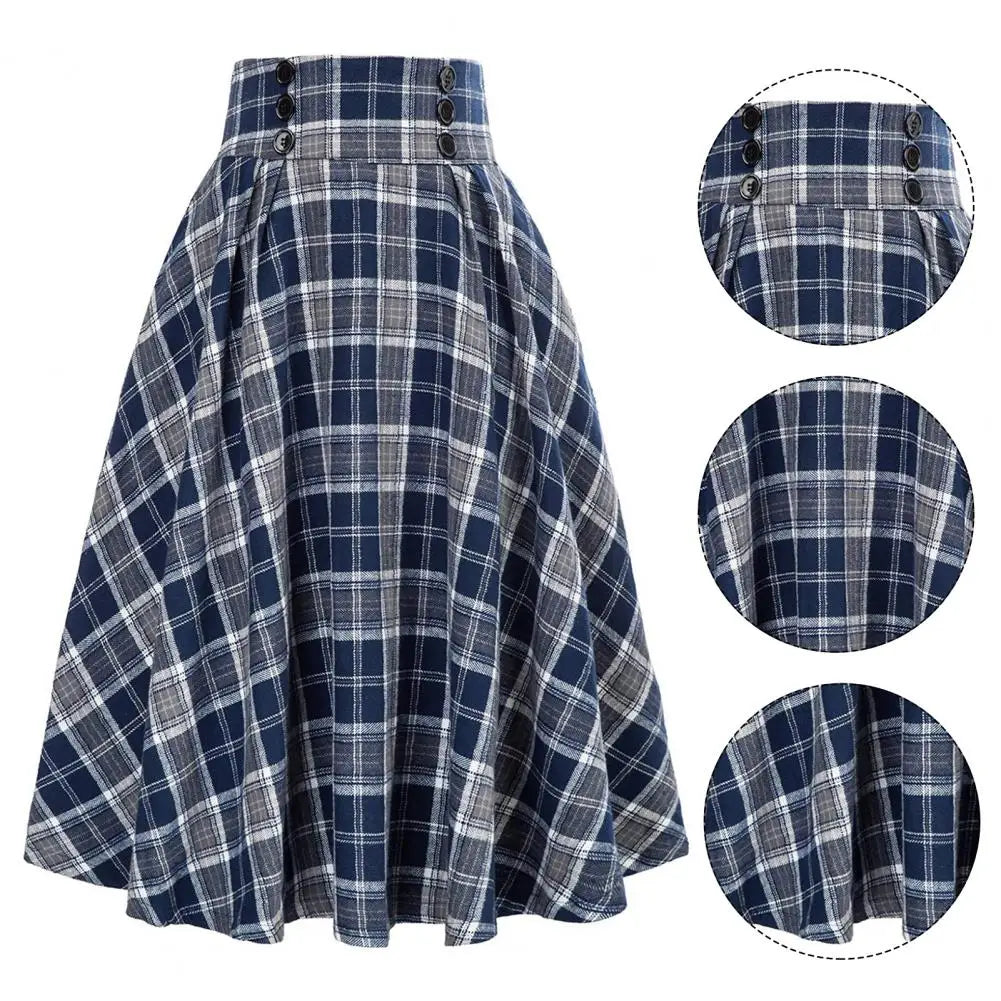 Loose Fit Skirt Elegant Retro Ruffle Maxi Skirt with Color block Plaid Print Soft Pockets for Women High Elastic Waist for Party