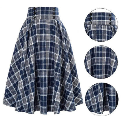 Loose Fit Skirt Elegant Retro Ruffle Maxi Skirt with Color block Plaid Print Soft Pockets for Women High Elastic Waist for Party