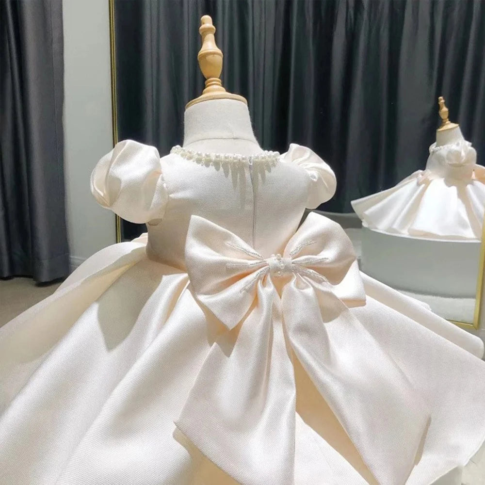 HETISO Baby Dresses for Wedding Pearl Necklace Girl Kid's Dress White Toddler Clothes Elegant Birthday Gown 1-8 Years