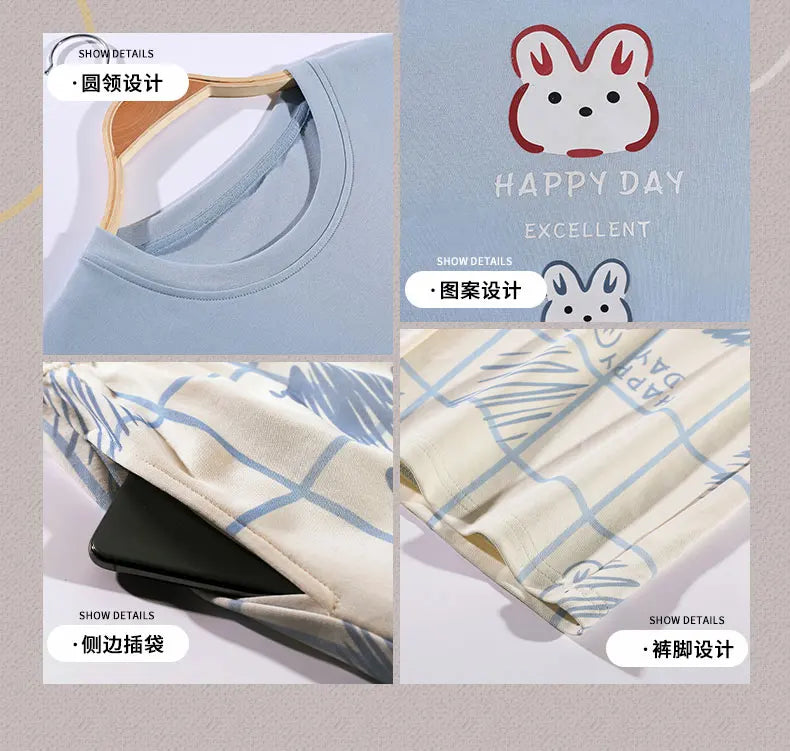 New Pajama Cartoon Cotton Pajamas for Women Summer Short Sleeved Long Pants Sleepwear Korean Fashion Rabbit Print Home Clothing