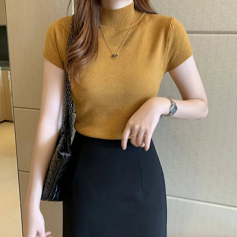 Solid Color Casual Women Clothing Korean Knitted Women Top Bulse Mujer De Moda Spring Summer Slim Turtleneck Blouse