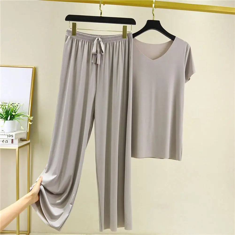 2 Pcs/Set Women T-shirt Pants Set Pleated Wide Leg V Neck Short Sleeves Loose Home wear Pullover Thin Summer Top Trousers Set