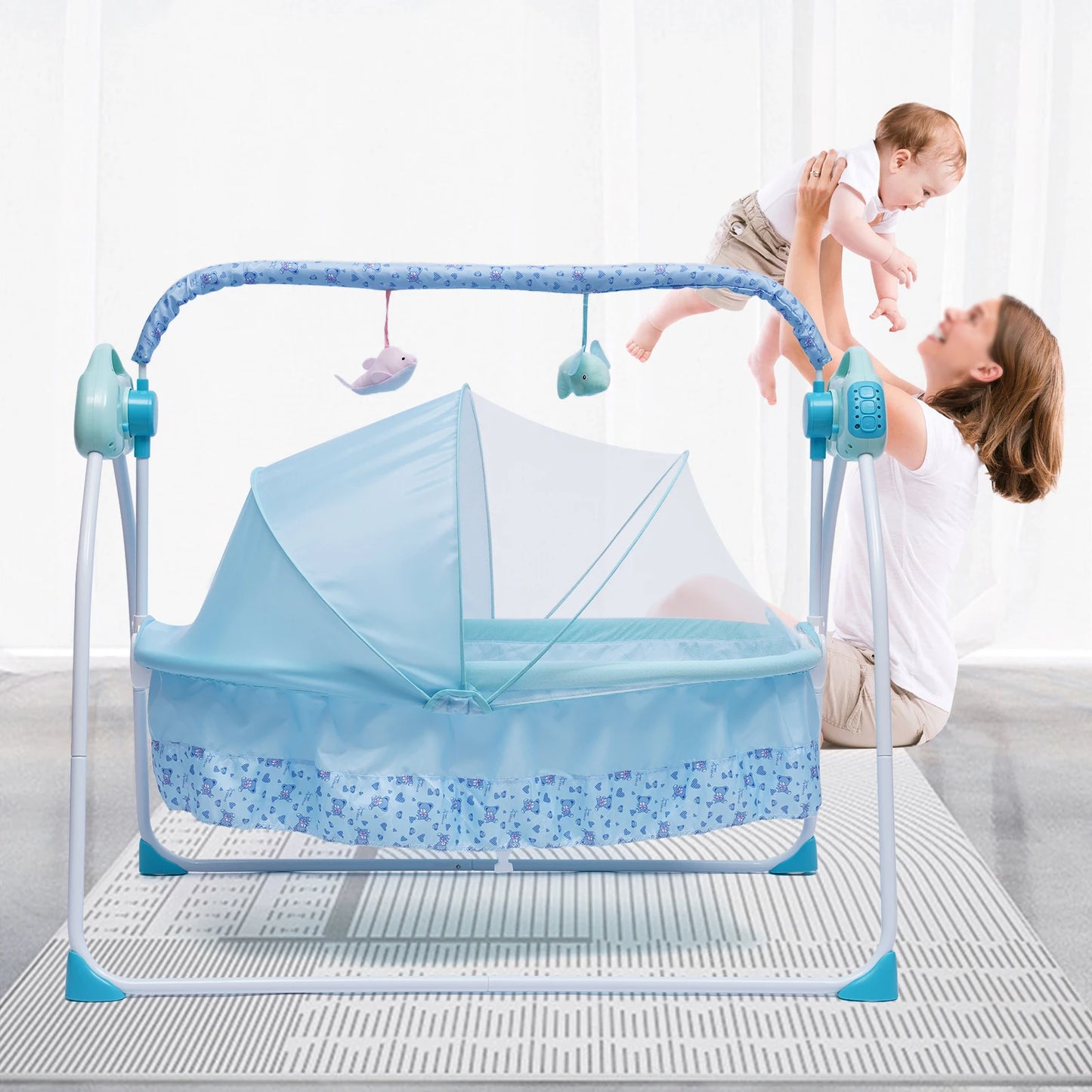 5 Gears Electric Auto-Swing Baby Crib Cradle Sleep Bed Infant Rocker + Net Music Bluetooth Music Adjustable+ Mat