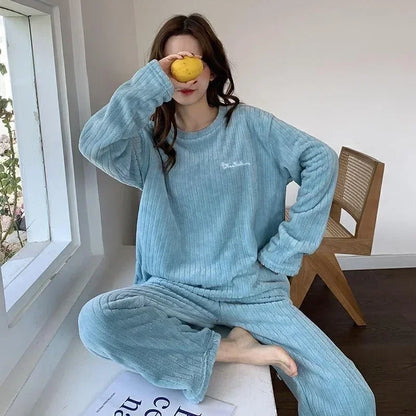 Solid round neck simple coral fleece pajamas for women winter warm velvet casual loose pullover + long pants 2pcs Pajama sets