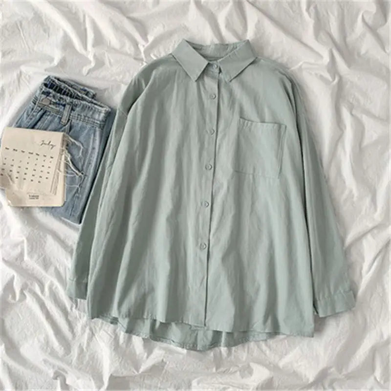 Solid White Shirt Women Casual Turn Down Collar Long Sleeve Pocket Women's Tops And Blouses Spring Office Lady Plus Size Shirts
