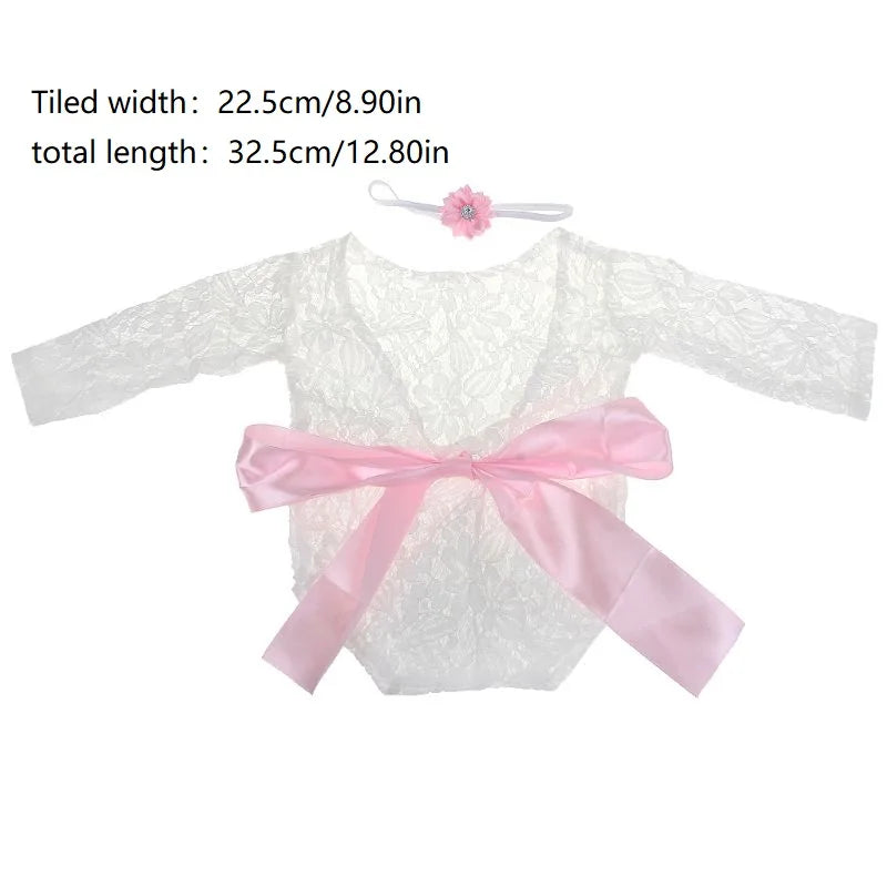 2 Pcs 0-1 Month Newborn Photography Props Baby Headband Lace Romper Bodysuits Outfit Girl Costume Photo Clothing