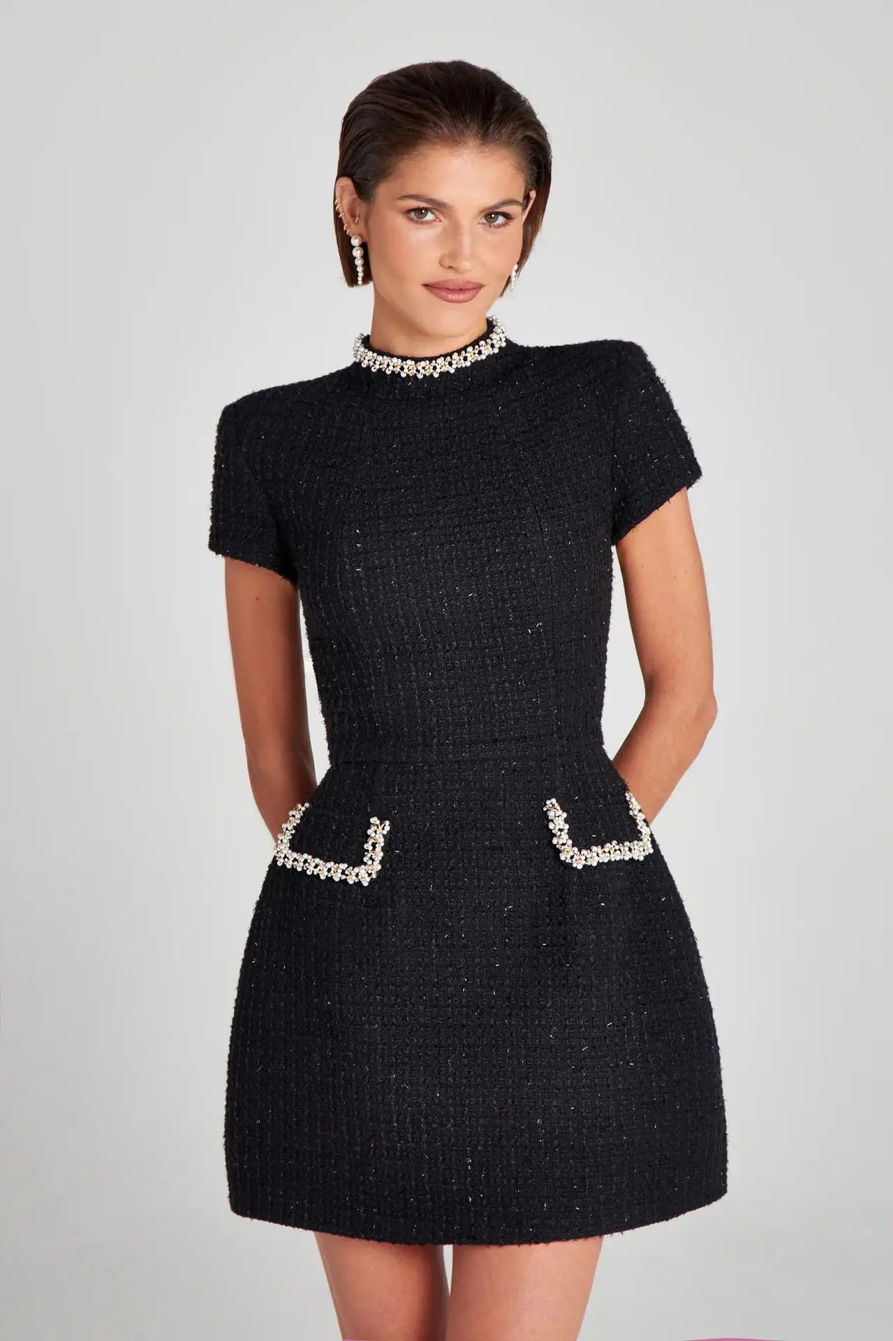 Tosssy Shiny Elegant Female MIni Dress Pocket Short Sleeve Patchwork Fashion Slim Party Dress Gown Women's Glitter Vntage Dress