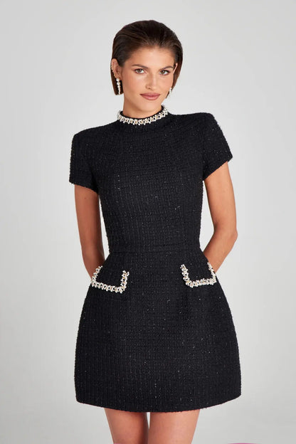 Tosssy Shiny Elegant Female MIni Dress Pocket Short Sleeve Patchwork Fashion Slim Party Dress Gown Women's Glitter Vntage Dress